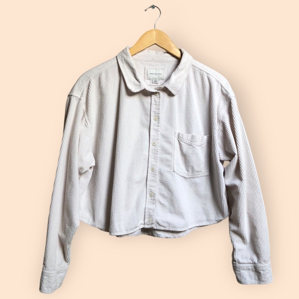 American Eagle White Cropped Corduroy Button Front Shirt Long Sleeve Women’s L